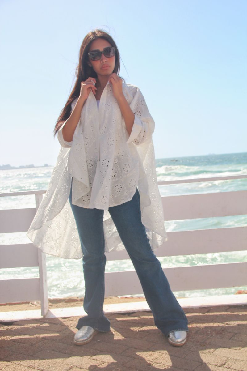 White Embroidered High Low Shirt