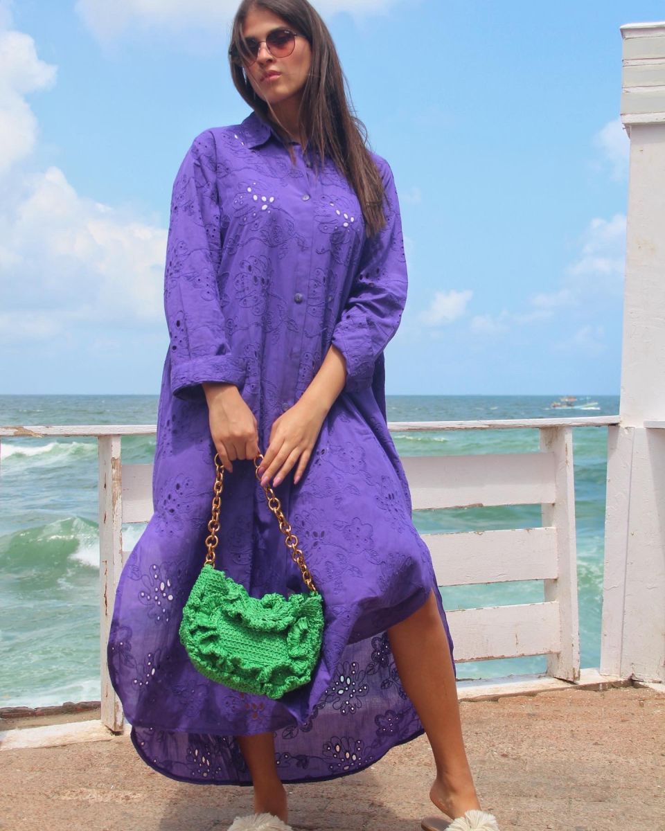 Purple. embroidered Shirt Dress