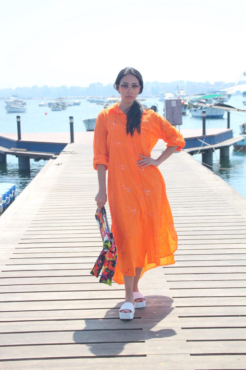 Orange Embroidered Shirt Dress