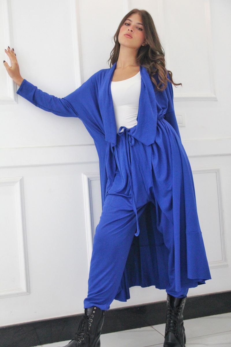 Blue Belted Cardigan paired with Pegged Pants Set