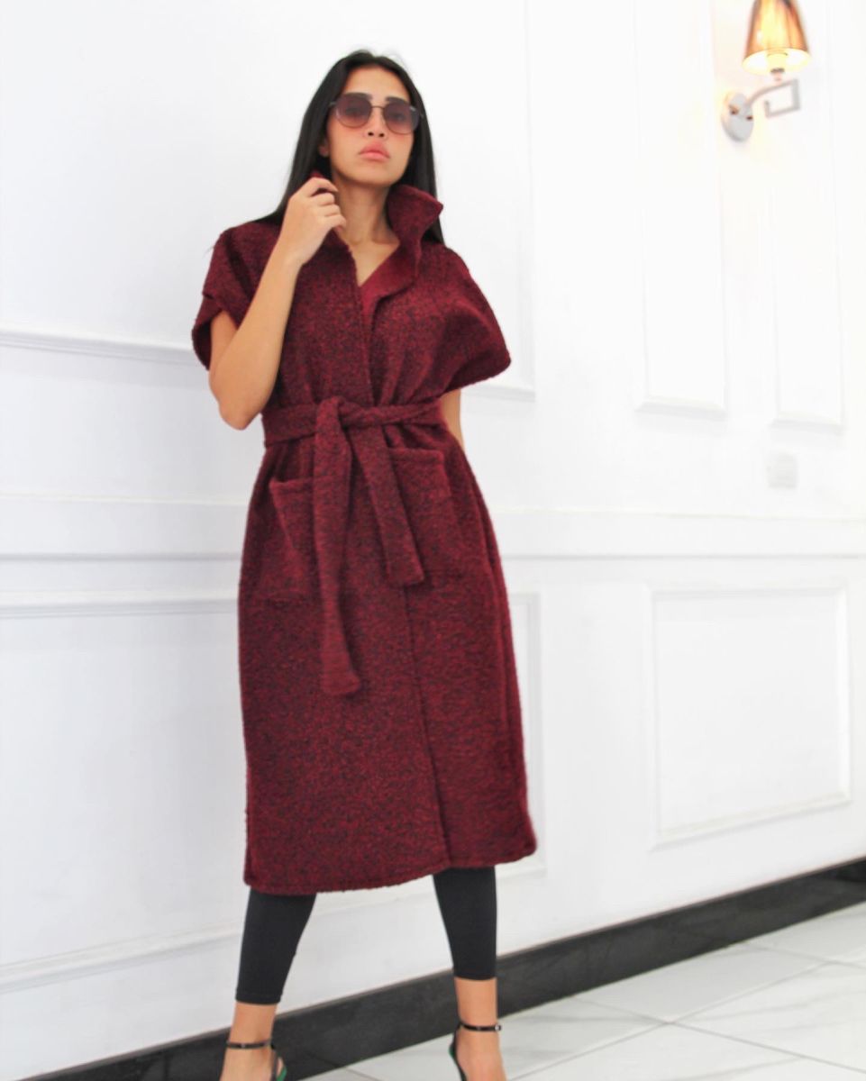 Burgundy Bouclé Sleeveless Coat